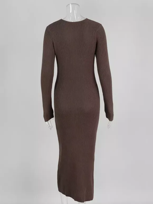 Ribbed Knit V-Neck Slim Fit Long Sleeve Bodycon Maxi Sweater Dress For Women 2026