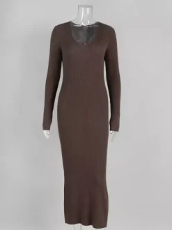 Ribbed Knit V-Neck Slim Fit Long Sleeve Bodycon Maxi Sweater Dress For Women 2026