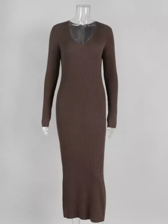 Ribbed Knit V-Neck Slim Fit Long Sleeve Bodycon Maxi Sweater Dress For Women 2026