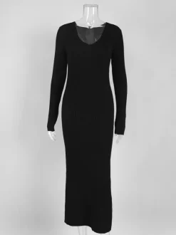 Ribbed Knit V-Neck Slim Fit Long Sleeve Bodycon Maxi Sweater Dress For Women 2026