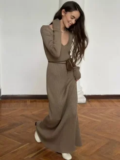 Ribbed Knit V-Neck Slim Fit Long Sleeve Bodycon Maxi Sweater Dress For Women 2026
