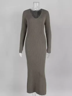 Ribbed Knit V-Neck Slim Fit Long Sleeve Bodycon Maxi Sweater Dress For Women 2026