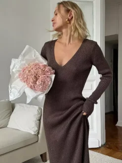 Ribbed Knit V-Neck Slim Fit Long Sleeve Bodycon Maxi Sweater Dress For Women 2026