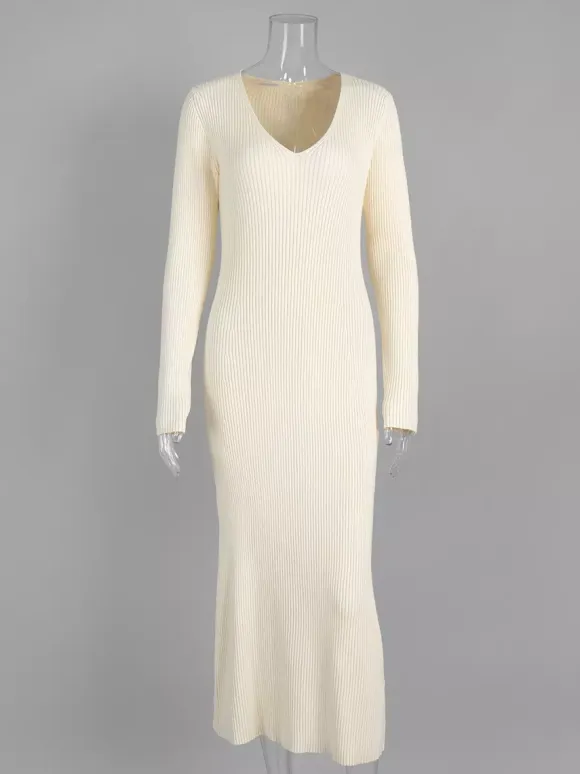 Ribbed Knit V-Neck Slim Fit Long Sleeve Bodycon Maxi Sweater Dress For Women 2026