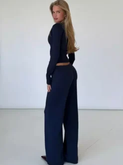 Ribbed Knit 2 Piece Set For Women - Slim Fit Button Up Cardigan And Wide Leg Lounge Pants - Spring Home Casual 2026