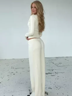 Ribbed Knit 2 Piece Set For Women - Slim Fit Button Up Cardigan And Wide Leg Lounge Pants - Spring Home Casual 2026