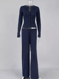 Ribbed Knit 2 Piece Set For Women - Slim Fit Button Up Cardigan And Wide Leg Lounge Pants - Spring Home Casual 2026