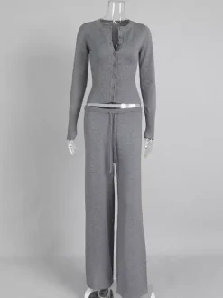 Ribbed Knit 2 Piece Set For Women - Slim Fit Button Up Cardigan And Wide Leg Lounge Pants - Spring Home Casual 2026