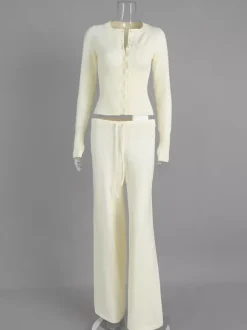 Ribbed Knit 2 Piece Set For Women - Slim Fit Button Up Cardigan And Wide Leg Lounge Pants - Spring Home Casual 2026