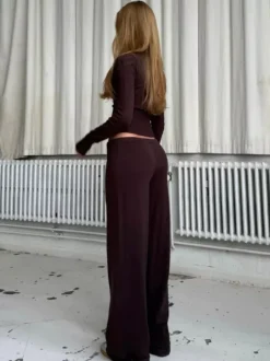 Ribbed Knit 2 Piece Set For Women - Slim Fit Button Up Cardigan And Wide Leg Lounge Pants - Spring Home Casual 2026
