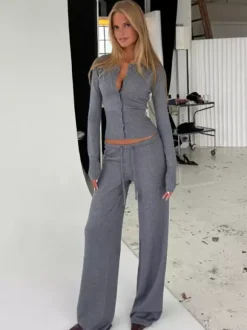 Ribbed Knit 2 Piece Set For Women - Slim Fit Button Up Cardigan And Wide Leg Lounge Pants - Spring Home Casual 2026