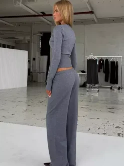 Ribbed Knit 2 Piece Set For Women - Slim Fit Button Up Cardigan And Wide Leg Lounge Pants - Spring Home Casual 2026