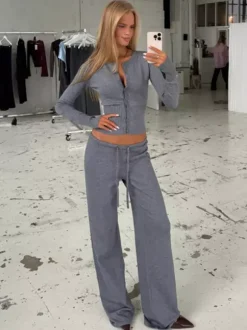 Ribbed Knit 2 Piece Set For Women - Slim Fit Button Up Cardigan And Wide Leg Lounge Pants - Spring Home Casual 2026