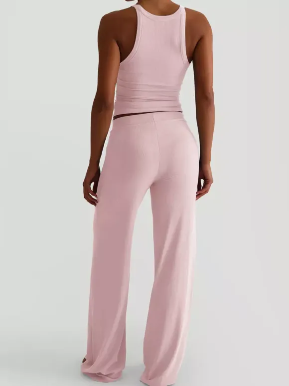 Ribbed 2 Piece Lounge Set For Women - Casual Sleeveless Tank Top And Wide Leg Pants Co-ord - Summer Relaxed Fit Outfits 2026