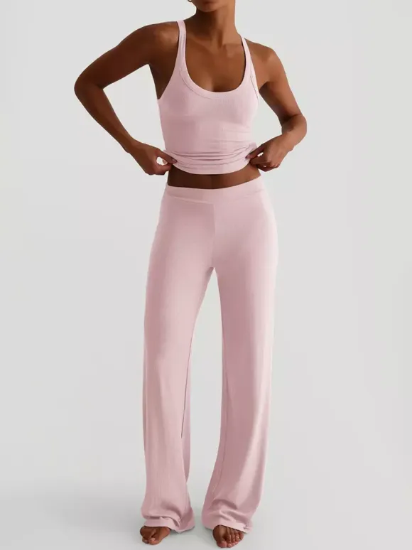 Ribbed 2 Piece Lounge Set For Women - Casual Sleeveless Tank Top And Wide Leg Pants Co-ord - Summer Relaxed Fit Outfits 2026