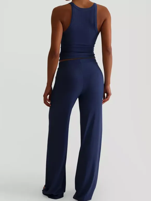 Ribbed 2 Piece Lounge Set For Women - Casual Sleeveless Tank Top And Wide Leg Pants Co-ord - Summer Relaxed Fit Outfits 2026