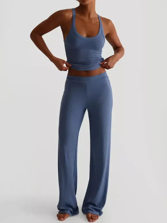 Ribbed 2 Piece Lounge Set For Women - Casual Sleeveless Tank Top And Wide Leg Pants Co-ord - Summer Relaxed Fit Outfits 2026