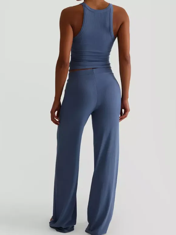 Ribbed 2 Piece Lounge Set For Women - Casual Sleeveless Tank Top And Wide Leg Pants Co-ord - Summer Relaxed Fit Outfits 2026