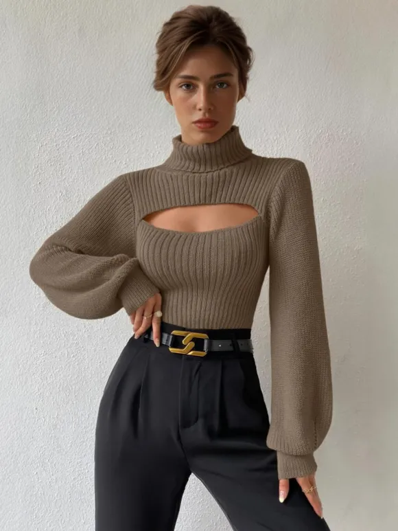 Ribbed Sweater High Collar Cutout Cuff Sexy Pullover For Women