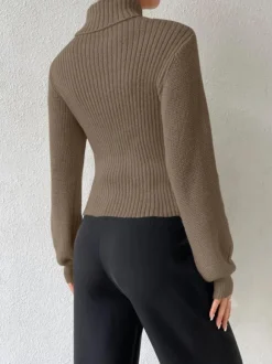 Ribbed Sweater High Collar Cutout Cuff Sexy Pullover For Women