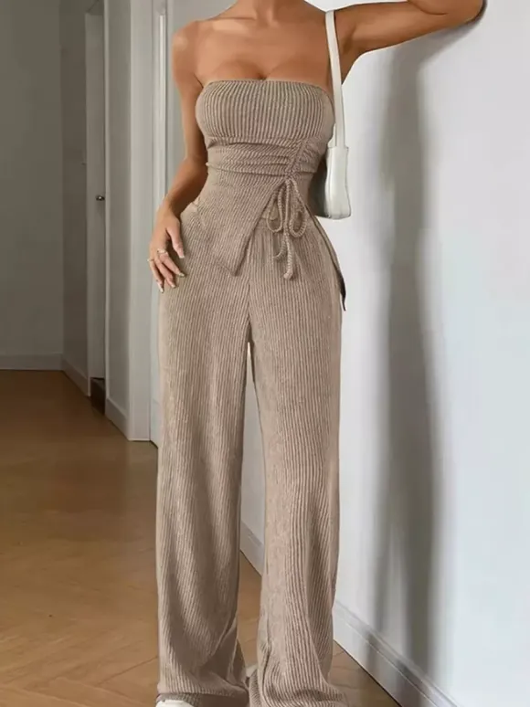 Ribbed Two Piece Set For Women - Khaki Sexy Tube Top And Wide Leg Pant Set - Summer Beach Vacation 2026