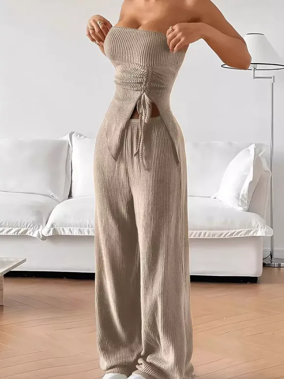 Ribbed Two Piece Set For Women - Khaki Sexy Tube Top And Wide Leg Pant Set - Summer Beach Vacation 2026