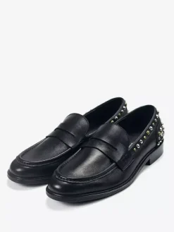 Rivets Round Toe Cowhide Mens Loafer Shoes
