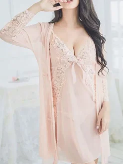 Robe Babydoll Panty Sets 3 Pieces Lilac Lace Sexy Lingerie