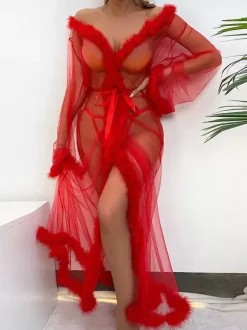 Robes Tulle Feathers Sheer Lingerie