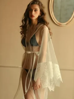 Robes Tulle Lace Sheer See Through Lingerie Sleepwear Nightgown