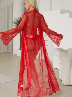 Robes Lace See Through Sheer Sleepwear Nightgown Long Sleeve Lingerie