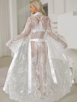 Robes Lace See Through Sheer Sleepwear Nightgown Long Sleeve Lingerie