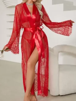 Robes Lace See Through Sheer Sleepwear Nightgown Long Sleeve Lingerie