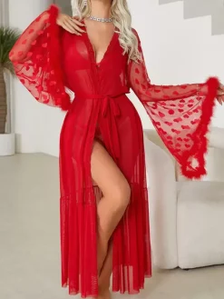 Robes Silk Long Sleeve See Through Sheer Sleep Gown Lingerie