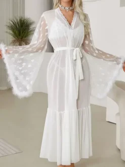 Robes Silk Long Sleeve See Through Sheer Sleep Gown Lingerie