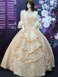 Rococo Beige Court Lace Ruffles Dress Synthetic Costume