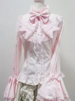 Rococo Lolita Blouse Cotton Lace Trim Flare Sleeve Bowknot Ruffles Ecru White Lolita Top