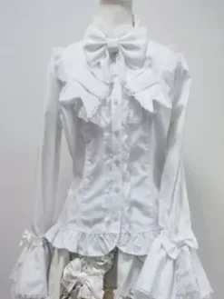 Rococo Lolita Blouse Cotton Lace Trim Flare Sleeve Bowknot Ruffles Ecru White Lolita Top