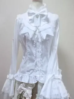 Rococo Lolita Blouse Cotton Lace Trim Flare Sleeve Bowknot Ruffles Ecru White Lolita Top