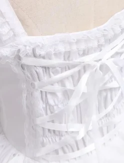 Rococo Lolita JSK Dress Lace Bow Ruffle White Cotton Lolita Jumper Skirt