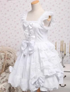 Rococo Lolita JSK Dress Lace Bow Ruffle White Cotton Lolita Jumper Skirt