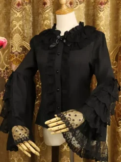 Rococo Lolita Shirt Lace Trim Ruffle Bow Chiffon Lolita Blouse