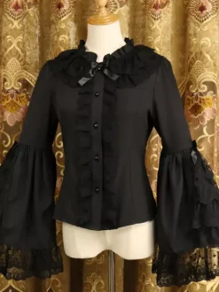 Rococo Lolita Shirt Lace Trim Ruffle Bow Chiffon Lolita Blouse