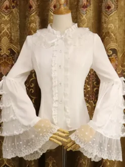 Rococo Lolita Shirt Lace Trim Ruffle Bow Chiffon Lolita Blouse
