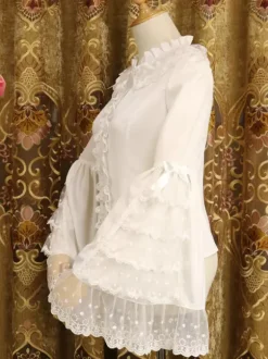 Rococo Lolita Shirt Lace Trim Ruffle Bow Chiffon Lolita Blouse