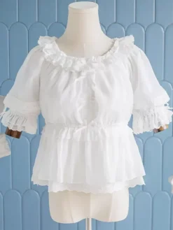 ROCOCO Style Lolita Blouses White Lolita Top Long Sleeves Ruffles Lolita Shirt