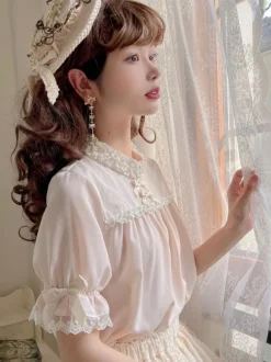 ROCOCO Style Lolita Blouses Light Apricot Half Sleeves Lolita Top Bows Lace Lolita Shirt