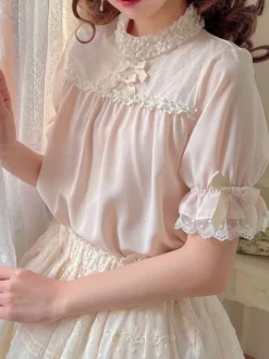 ROCOCO Style Lolita Blouses Light Apricot Half Sleeves Lolita Top Bows Lace Lolita Shirt