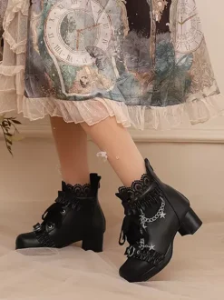 ROCOCO Style Lolita Boots PU Leather Lace Ruffles Chains Round Toe Black Lolita Footwear