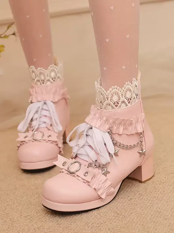 ROCOCO Style Lolita Boots PU Leather Lace Ruffles Chains Round Toe Black Lolita Footwear